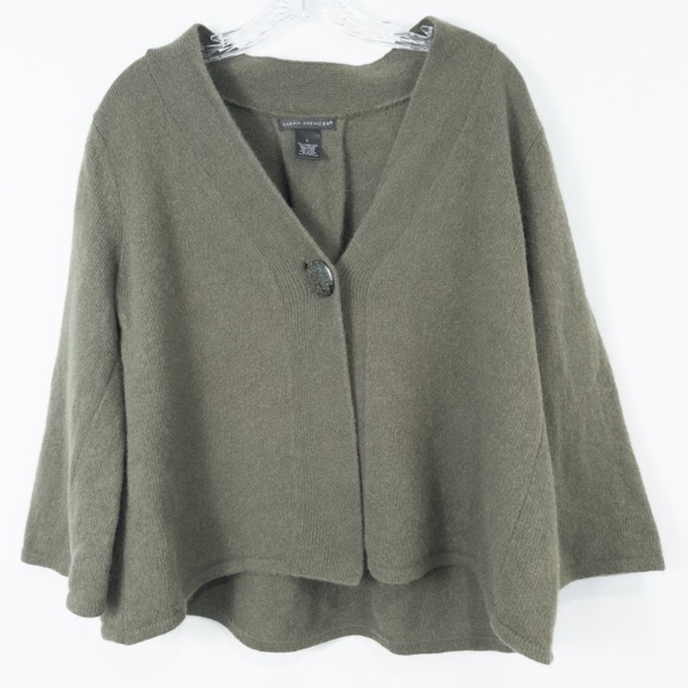 Sarah Spencer Lambs Wool Angora Hair One Button Cardigan Large Green‎ Cottage